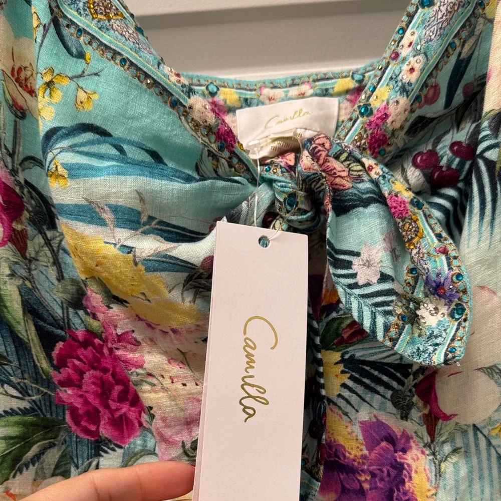 NWT Camilla Gardens of Queluz Linen Tie Front Maxi Dress size medium - Picture 3 of 14